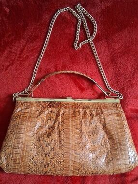 Vintage Snakeskin Handbag With Strap And Metal